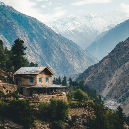 View of a House in the Middle of South Asian Mountains (No People, Copy Space)の素材