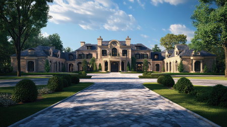 A majestic mansion with a sweeping driveway and elegant entrance, perfect for showcasing upscale living. -の素材