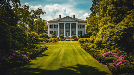 Beautiful mansion with tall pillars and a sprawling garden, offering ample space for text overlay.の素材