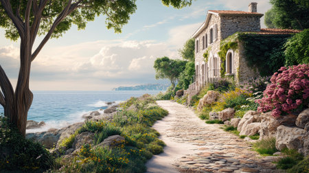 A classic European beach house with stone walls and a garden path leading to the shore, perfect for real estate promotions. -の素材