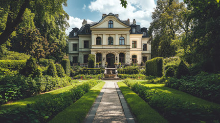Elegant mansion with a classic facade and lush greenery, providing a serene setting with room for copy space.の素材