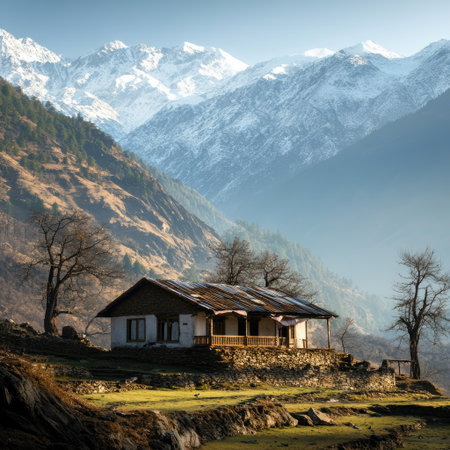 View of a House in the Middle of South Asian Mountains (No People, Copy Space)の素材