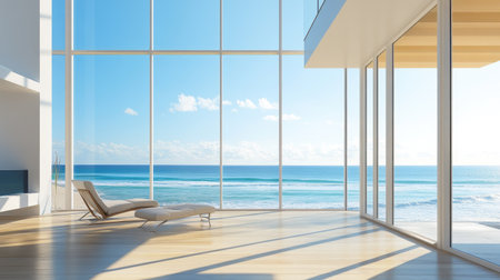 Stunning beach house with large windows overlooking the ocean, plenty of room for text overlay.の素材