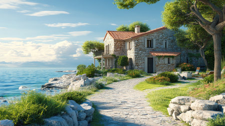 A classic European beach house with stone walls and a garden path leading to the shore, perfect for real estate promotions. -の素材