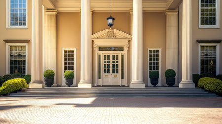 Elegant mansion with large pillars and a wide entrance, providing a stately backdrop with ample copy space.の素材