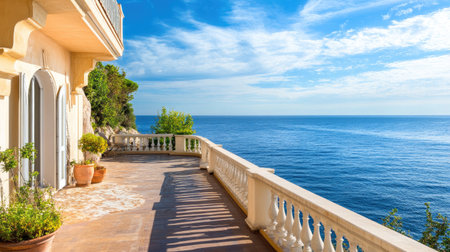Elegant European beach home with a spacious terrace overlooking the Mediterranean Sea, with room for text placement.の素材
