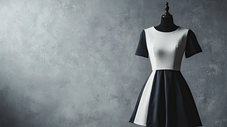 Classic European A-line dress on a mannequin, minimalistic design, clean background with plenty of copy space.の素材