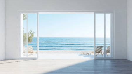 Oceanfront beach house with large glass doors opening to the sea, with space for text in the foreground.の素材