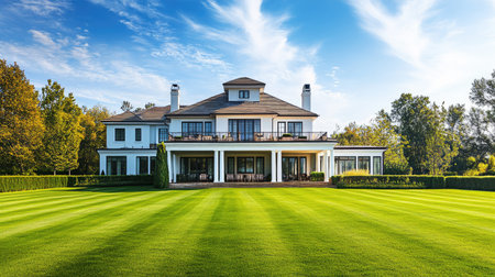 Gorgeous mansion with a spacious veranda and manicured lawn, ideal for high-end real estate marketing. -の素材