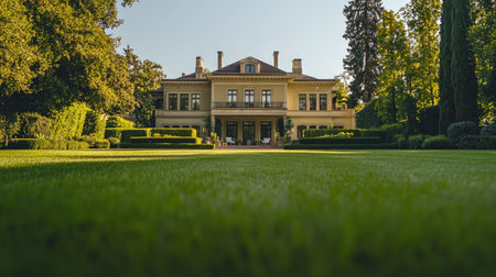 Stunning mansion with a grand facade and expansive front lawn, offering a serene setting for text overlay.の素材