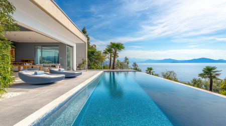 Luxury European beach villa with a private pool and stunning sea views, offering a relaxing setting with copy space.の素材