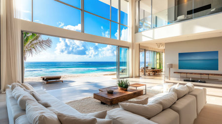 Stunning beach house with large windows overlooking the ocean, plenty of room for text overlay.の素材