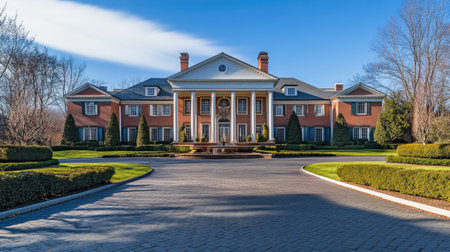 Expansive mansion with a grand entrance and circular driveway, perfect for upscale living.の素材