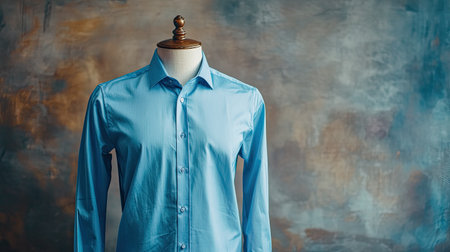 Classic blue European button-down shirt on a mannequin, front view, no people, with ample copy space on a minimalistic background.の素材