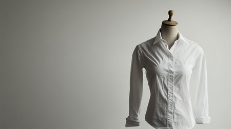European-style white shirt on a mannequin with crisp lines, displayed against a clean background. Ideal for copy space.の素材