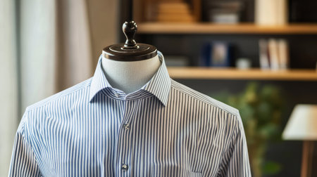European striped dress shirt on a mannequin, sleek and modern, with a clean background for copy space.の素材