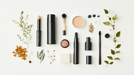 Flat lay of makeup and skincare essentials, arranged symmetrically with ample copy space.の素材