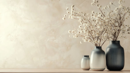 Close-up of decorative vases and flowers, with ample copy space on a clean, neutral background.の素材