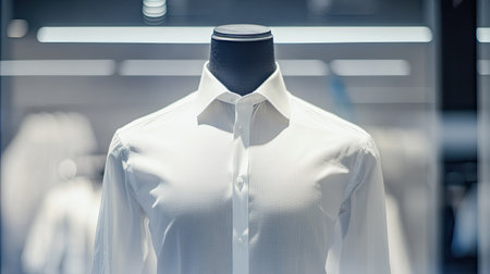 European-style white shirt on a mannequin with crisp lines, displayed against a clean background. Ideal for copy space.の素材