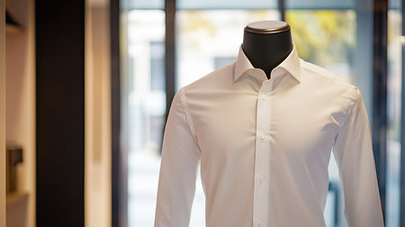 European-style white shirt on a mannequin with crisp lines, displayed against a clean background. Ideal for copy space.の素材
