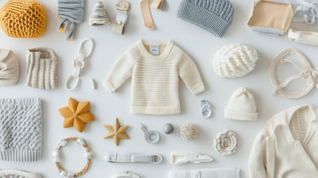 Top view of baby clothing and accessories, neatly arranged with plenty of room for text on a neutral background.の素材