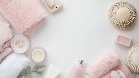 Top view of baby bath products, including towels and soaps, with room for text on a clean background.の素材