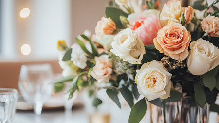 Close-up of stylish centerpieces, with ample copy space on a simple, neutral background.の素材
