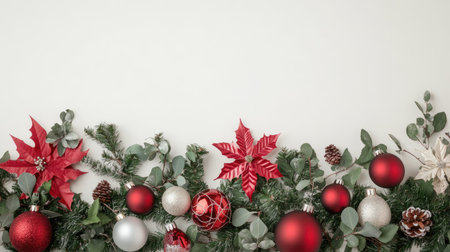 Close-up of seasonal decorations, including garlands and ornaments, with ample copy space on a plain background.の素材