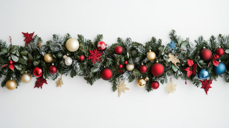 Close-up of seasonal decorations, including garlands and ornaments, with ample copy space on a plain background.の素材