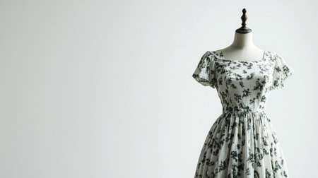 Elegant European summer dress on a mannequin, no people, set against a clean white background with ample copy space.の素材