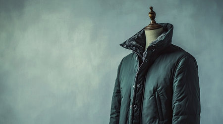 European winter fashion, featuring a warm jacket, on a mannequin, with ample copy space on a neutral backdrop.の素材