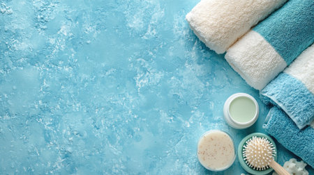 Top view of baby bath products, including towels and soaps, with room for text on a clean background.の素材