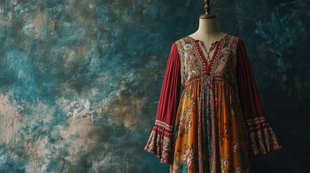 European bohemian-style dress on a mannequin, front view, no people, with ample copy space and clean background.の素材