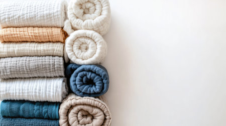 Top view of baby blankets and swaddles, neatly arranged with room for copy on a clean background.の素材