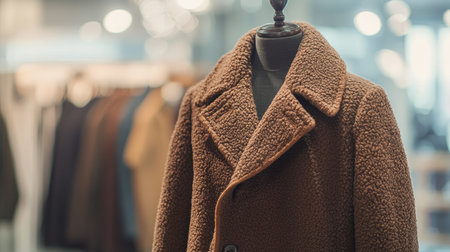 Cozy winter coat in European style, displayed on a mannequin, with ample copy space and a clean background.の素材