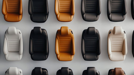 Flat lay of car seat covers and steering wheel covers, arranged with copy space on a clean, neutral background.の素材