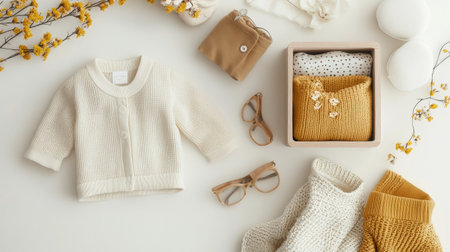 Top view of baby clothing and accessories, neatly arranged with plenty of room for text on a neutral backdrop.の素材