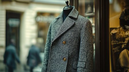 Cozy winter coat in European style, displayed on a mannequin, with ample copy space and a clean background.の素材