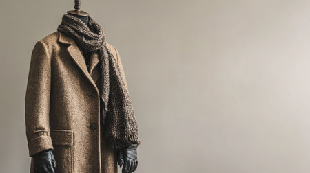 Chic European winter ensemble, including a coat and gloves, on a mannequin, with ample copy space on a clean backdrop.の素材