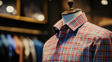 Trendy European checkered shirt displayed on a mannequin, side view, clean background with room for text.の素材
