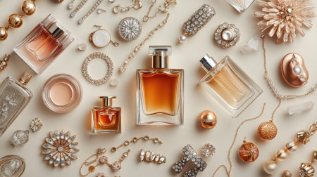 Flat lay of fragrance bottles and jewelry, arranged with copy space, on a neutral background.の素材
