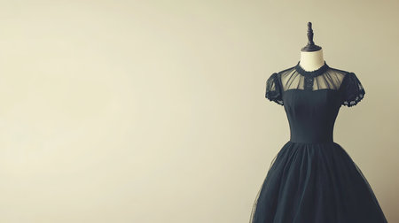 Vintage Europeanstyle dress on a mannequin, no people, elegant design, with copy space on a clean, light background.の素材