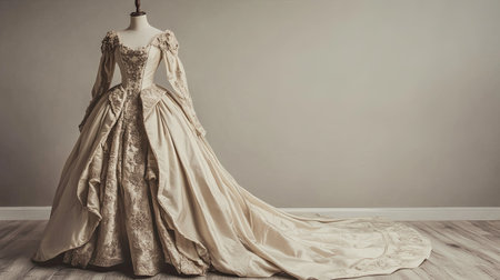Classic European princess gown, beautifully adorned on a mannequin, with room for text on a neutral background.の素材