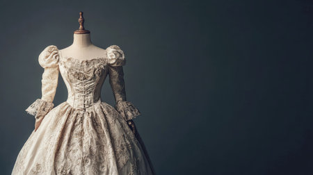 European princess dress with intricate details, showcased on a mannequin, with ample copy space on a clean background.の素材