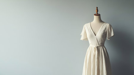 European summer fashion, featuring a lightweight dress, on a mannequin, with ample copy space on a neutral backdrop.の素材