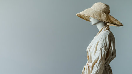 Elegant European summer outfit, displayed on a mannequin, side view, with room for copy on a clean background.の素材