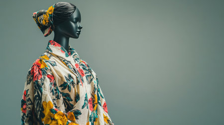 European summer outfit with floral prints, displayed on a mannequin, with ample room for copy on a neutral background.の素材