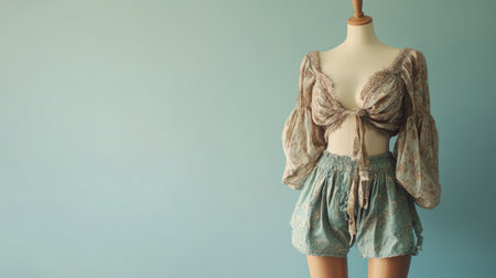 Chic European summer ensemble, including a top and shorts, on a mannequin, with ample copy space on a clean background.の素材