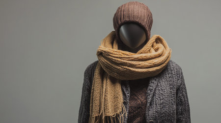 European winter outfit, including a woolen sweater and scarf, on a mannequin, with room for text on a plain backdrop.の素材
