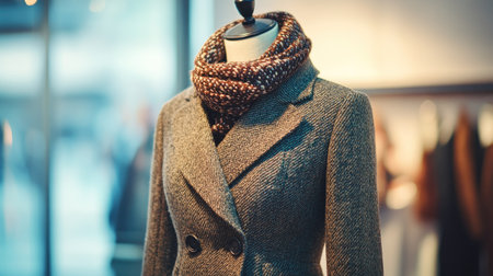 Cozy winter coat in European style, displayed on a mannequin, with ample copy space and a clean background.の素材
